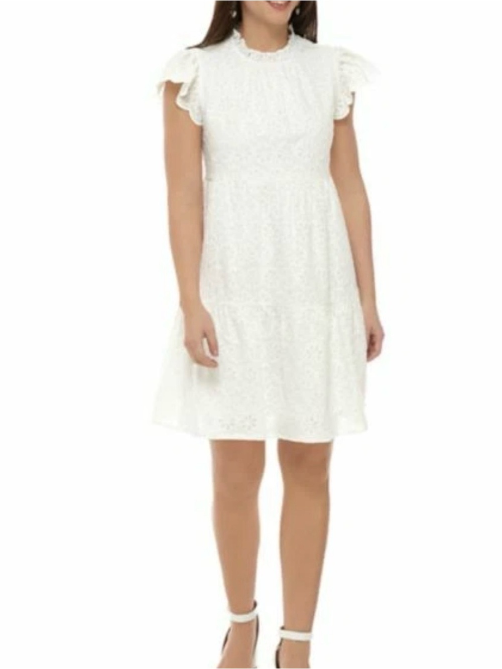 crown & ivy White Lace Tiered Midi Dress with Ruffle Cap Sleeves